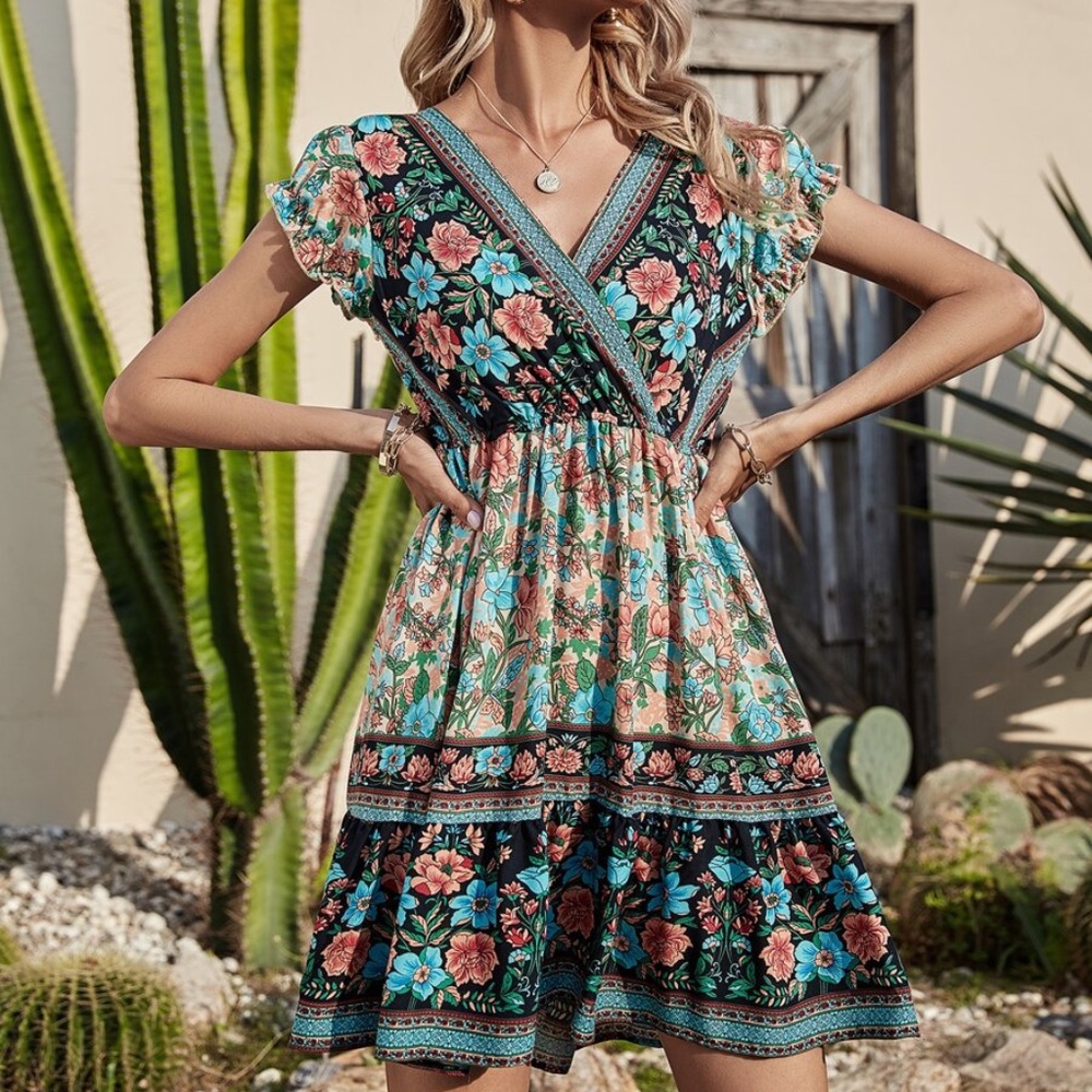 floral print v neck ruffle boho gypsy mini dress - Picture 2 of 13